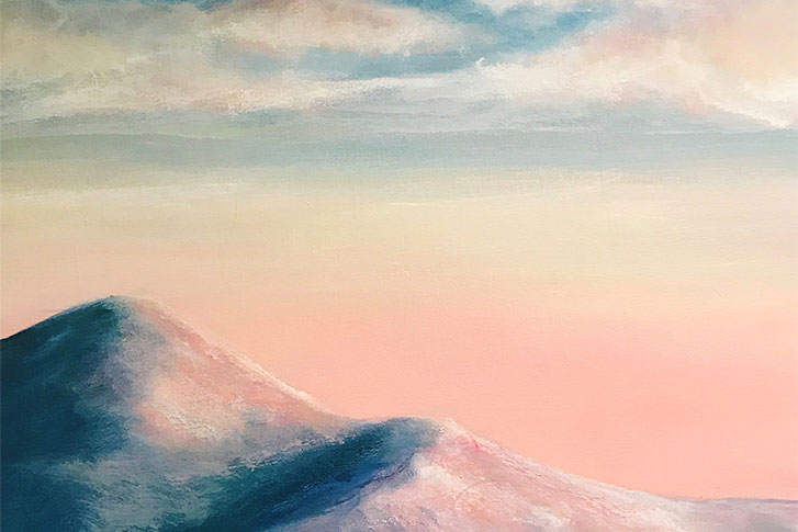 Part of a piece of art is seen. The work is by Erica Harney, Philadelphia, Pa., Reverie, 2019, acrylic on canvas and wall.