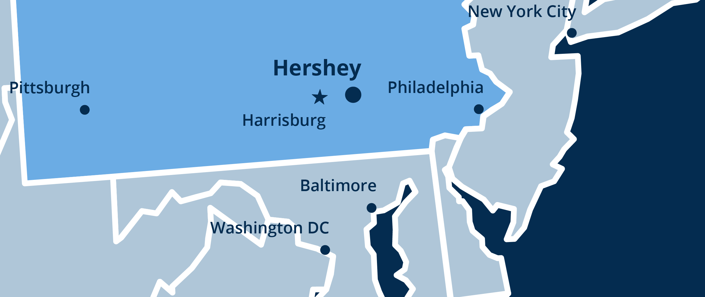 A map shows the relative positions of Hershey, Harrisburg, Philadelphia and Pittsburgh, Pa., as well as Baltimore, Md., Washington, D.C., and New York City.