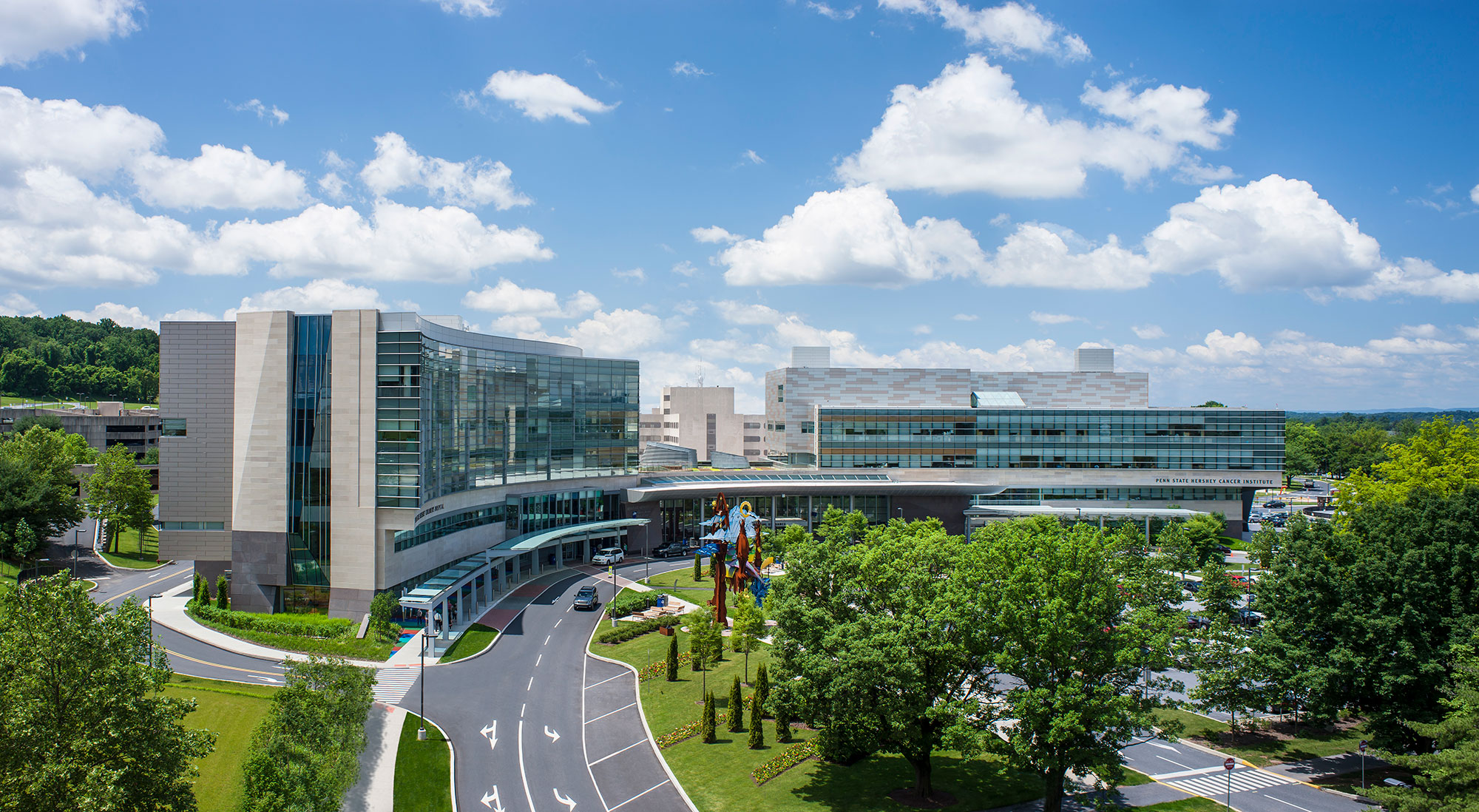 An aerial view of Penn State Health and College of Medicine's campus in Hershey, Pa.