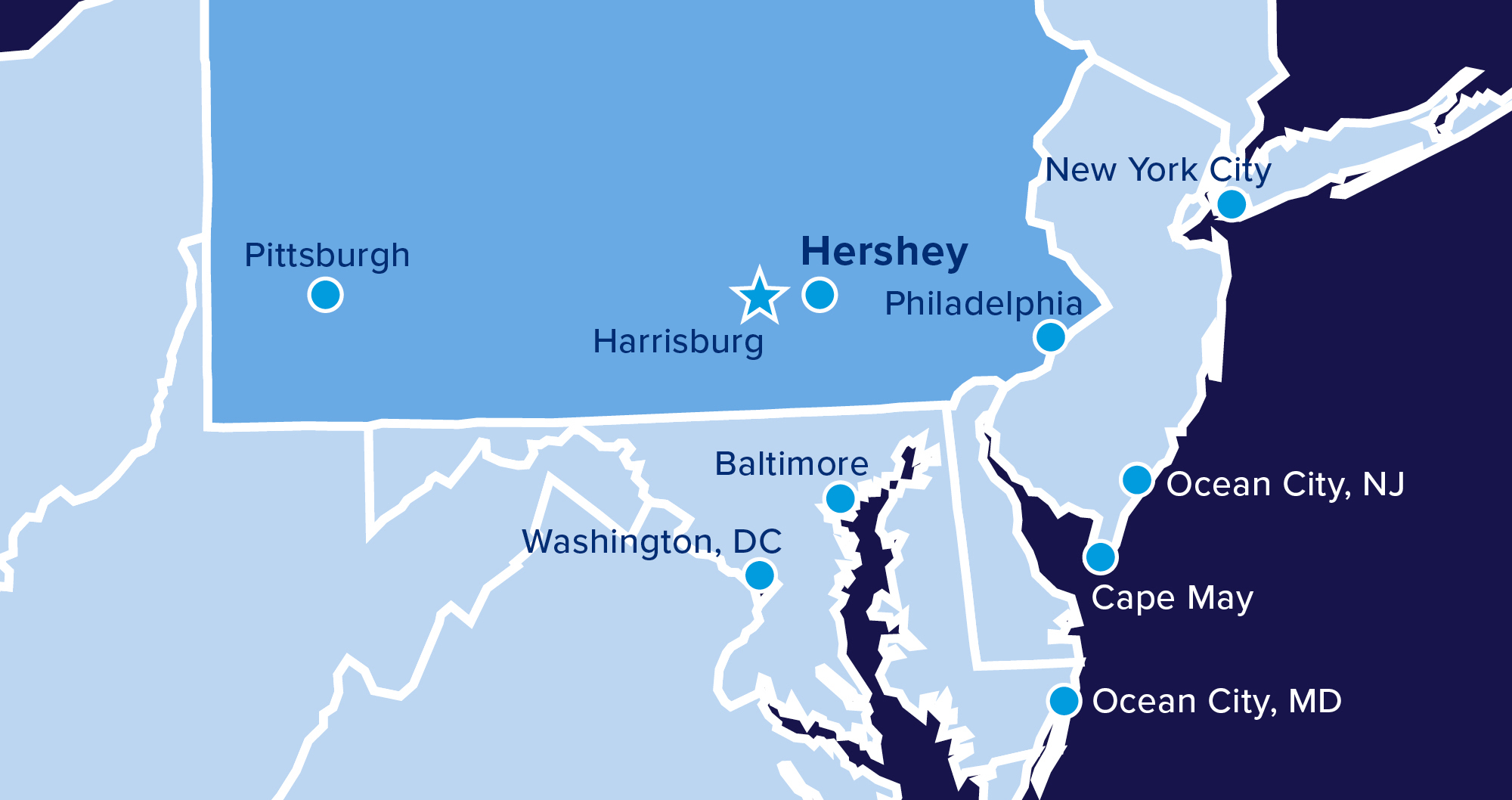A stylized map of the area around Pennsylvania, featuring Hershey prominently and showing the larger cities (Harrisburg, Philadelphia, etc.) nearby