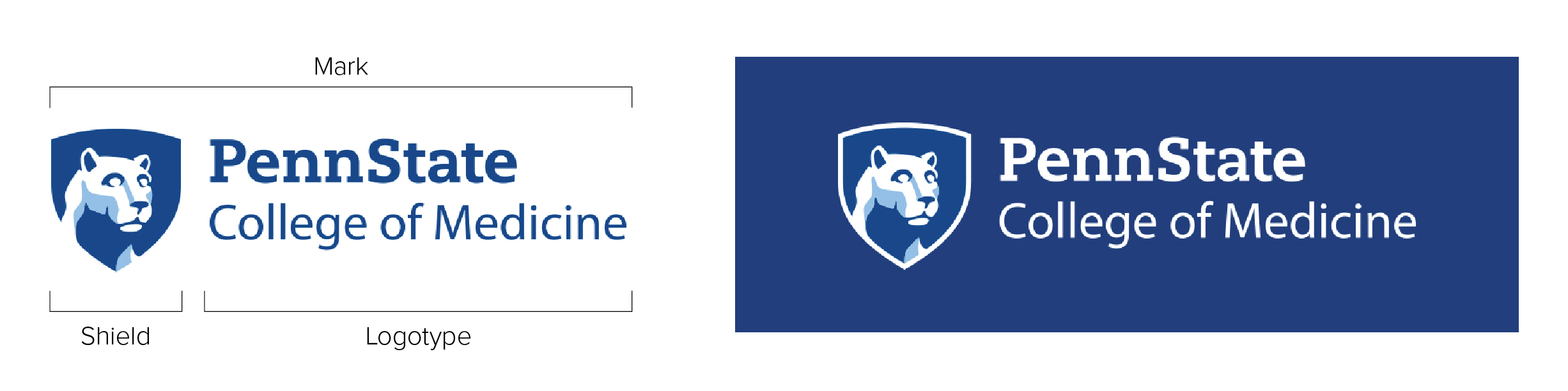 Penn State College of Medicine mark with shield logo and logotype; regular and reversed versions shown.